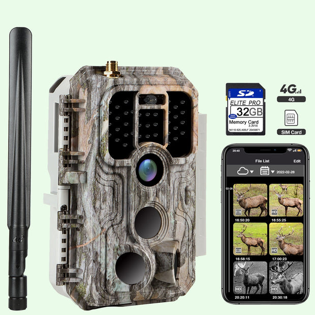 4G LTE Cellulär Åtelkamera 32MP HD 1296P Mörkerseende och Rörelsedetektor med Sim, 940nm Infraröd, IP66 Vattentät för Utomhus och Vilda Djur| A390G Grå