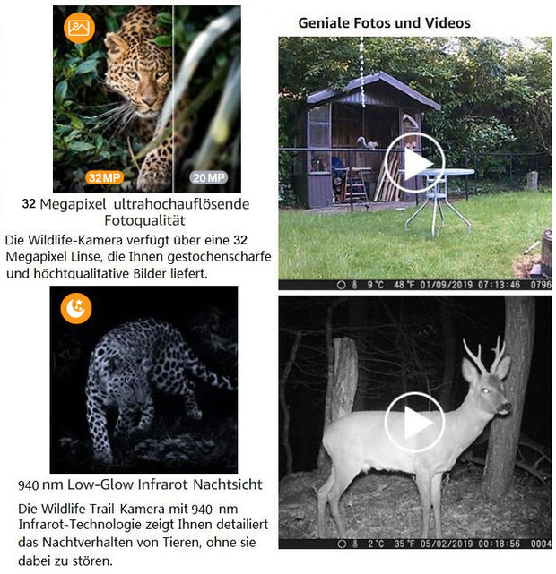 Åtelkamera med No Glow, 940nm Infraröd, Mörkerseende och Rörelsedetektor, 32MP HD 1296P,0.3S Utlösningstid, IP66 Vattentät för Utomhus och Vilda Djur| A252 Grå