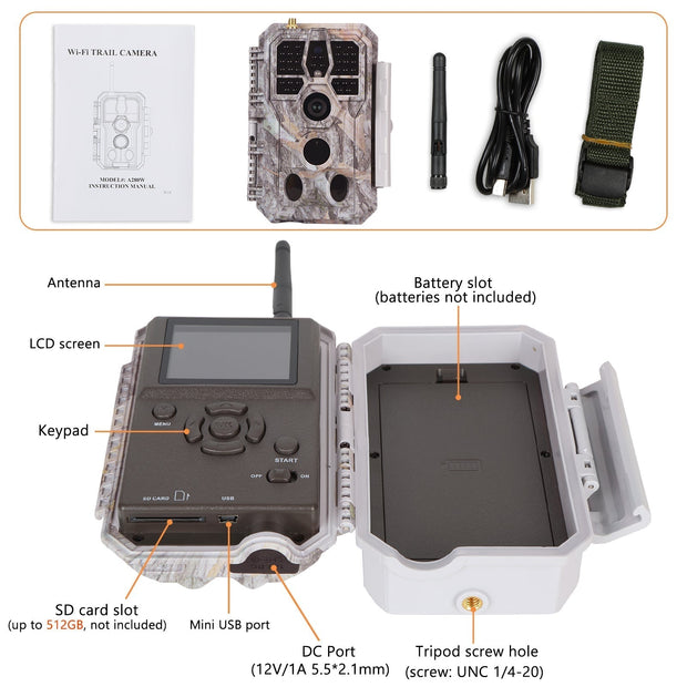 WiFi Åtelkamera 32MP HD 1296P Mörkerseende och Rörelsedetektor med Bluetooth, 940nm Infraröd, IP66 Vattentät för Utomhus och Vilda Djur| A280W Grå