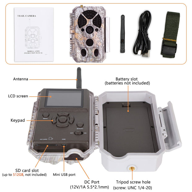 Paket med Solpaneler och WiFi Åtelkamera 32 MP HD 1296P med Mörkerseende och Rörelsedetektering, 940nm Infraröd, IP66 Vattentät, för Bakgård, Trädgård, Bondgård| A350W Grönt