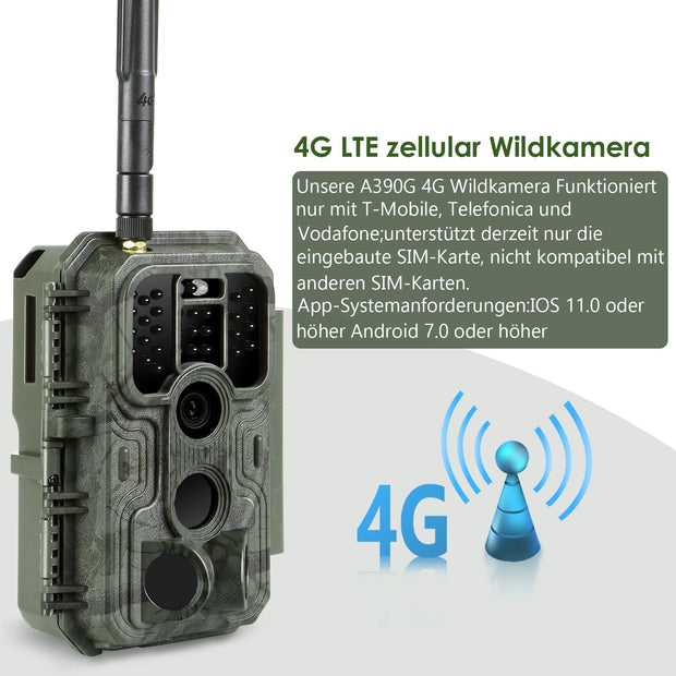 4G LTE Cellulär Åtelkamera 32MP HD 1296P Mörkerseende och Rörelsedetektor med Sim, 940nm Infraröd,IP66 Vattentät för Utomhus och Vilda Djur| A390G Grönt