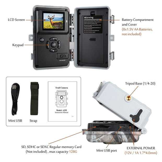 Wildlife Trail Camera with No Glow Night Vision 0.1S Trigger Motion Activated 24MP 1296P IP66 Waterproof for Hunting & home security